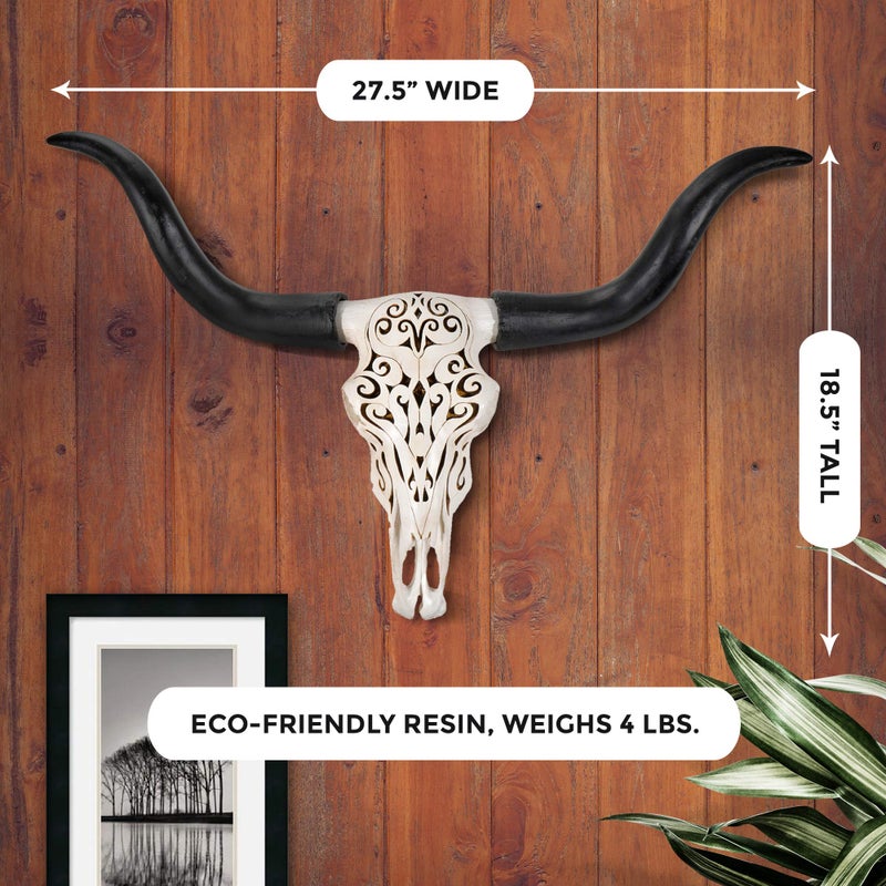 Wallcharmers Carved White + Black Faux Longhorn Skull - 27" Faux Taxidermy Animal Head Wall Decor - Handmade Farmhouse Decor - Image 2